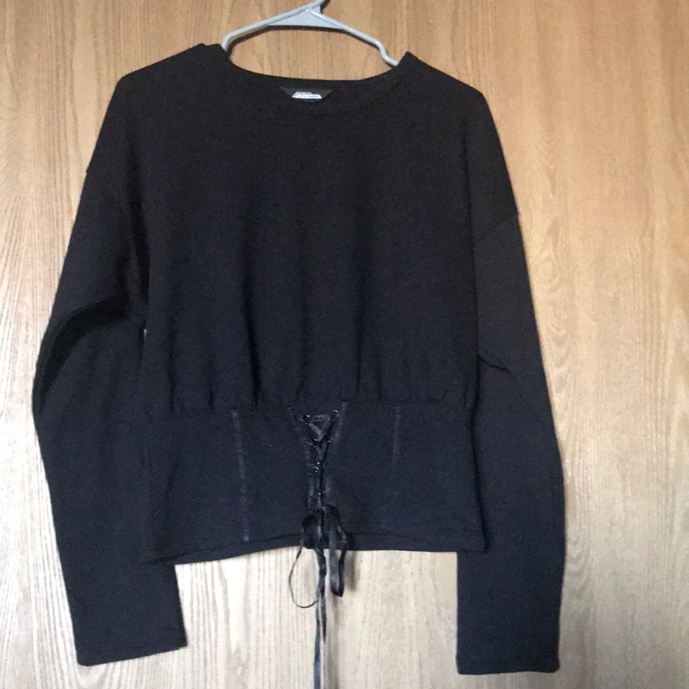 Black lace up project runway sweatshirt